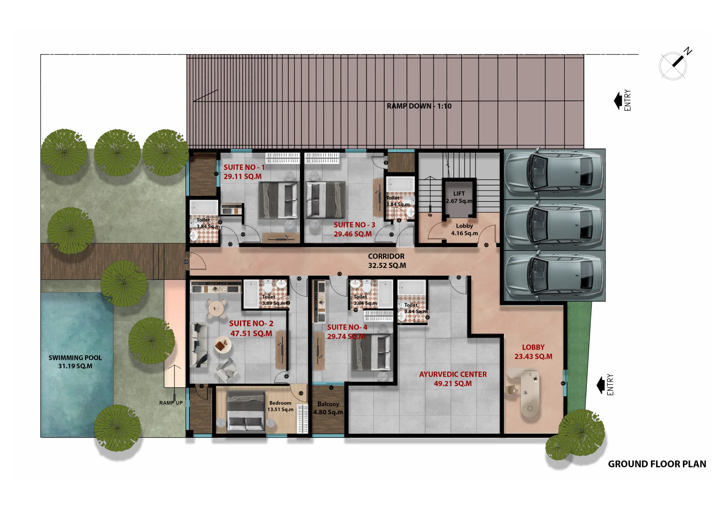 Ground floor: suites, pool, Ayurveda centre and lobby · 2/5