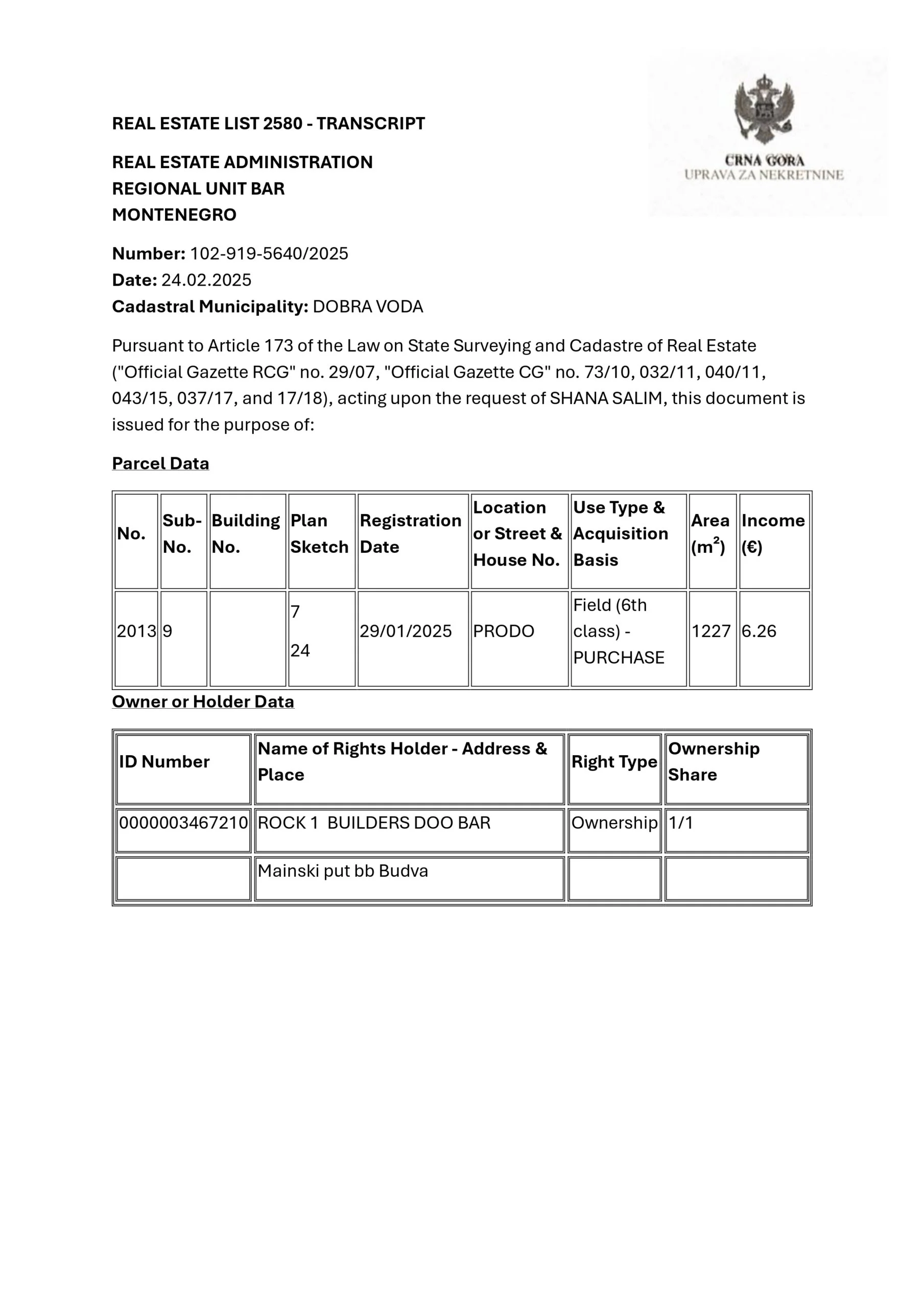 Title deed extract (List nepokretnosti 2580), Dobra Voda, page 1